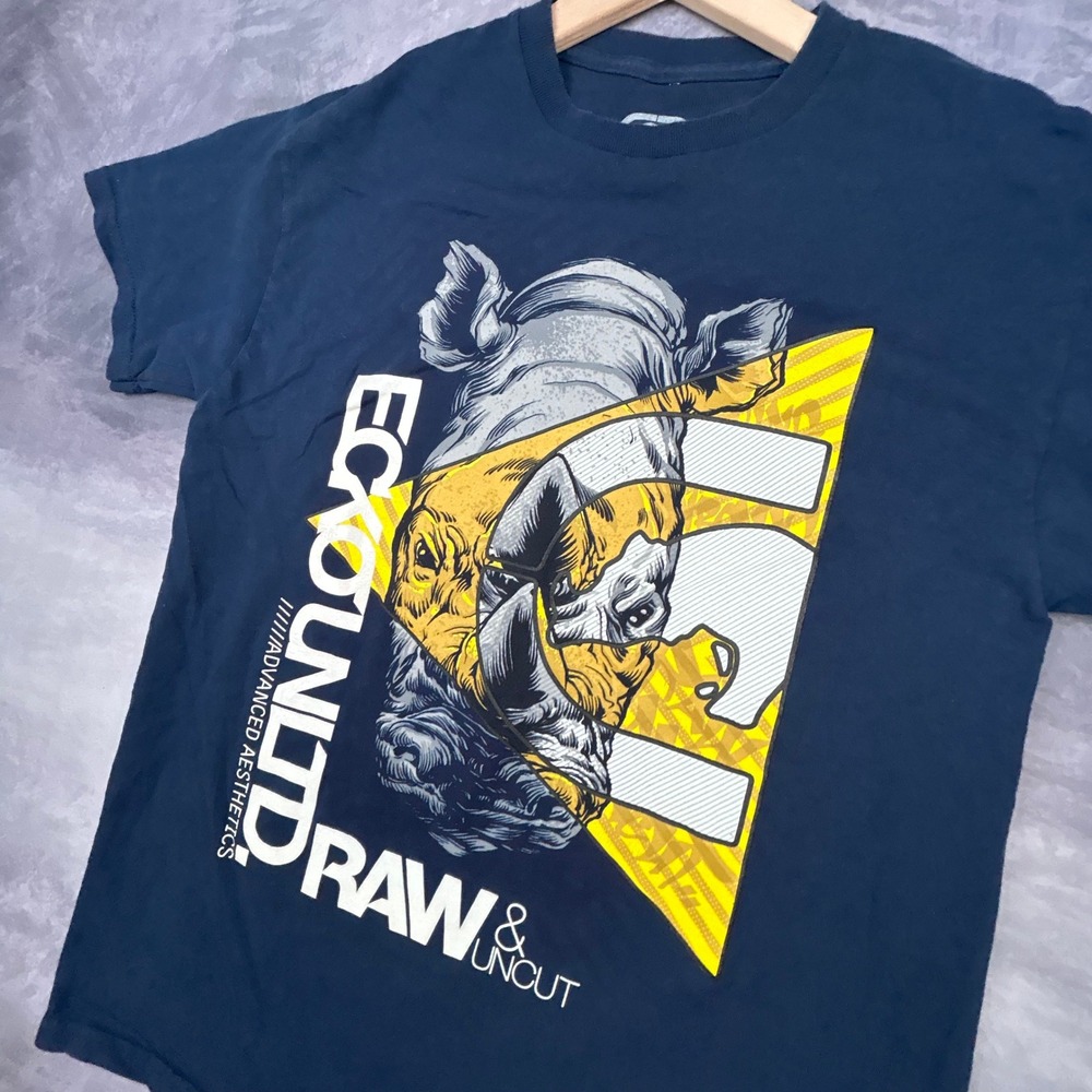 Ecko Unltd Mens Graphic T-Shirt Navy Blue Rhino Raw & Uncut Y2K Skater Size M - Picture 4 of 7